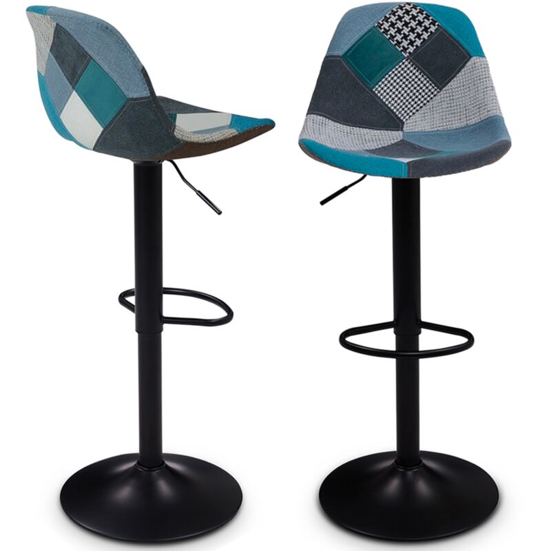 Lot de 2 tabourets de bar KARL design patchworks bleus pied noir