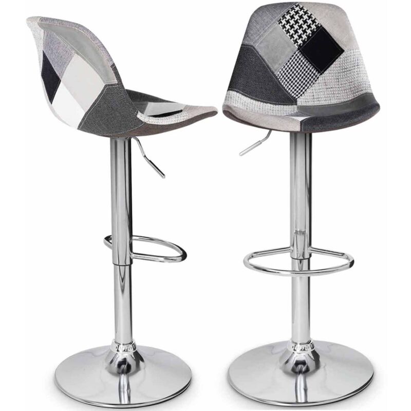 Lot de 2 tabourets de bar karl design patchworks noirs, gris et blancs pied chromé