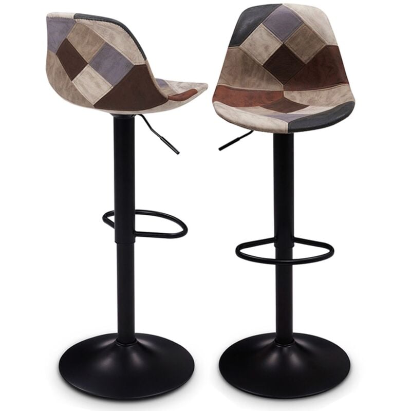 Lot de 2 tabourets de bar karl design patchworks marron, gris et beiges pied noir