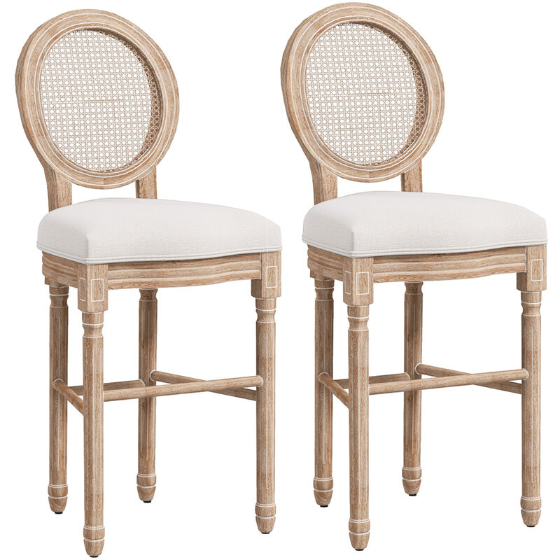 Lot de 2 chaises de bar tabourets de bar médaillon style Louis xvi bois sculpté patiné tissu crème
