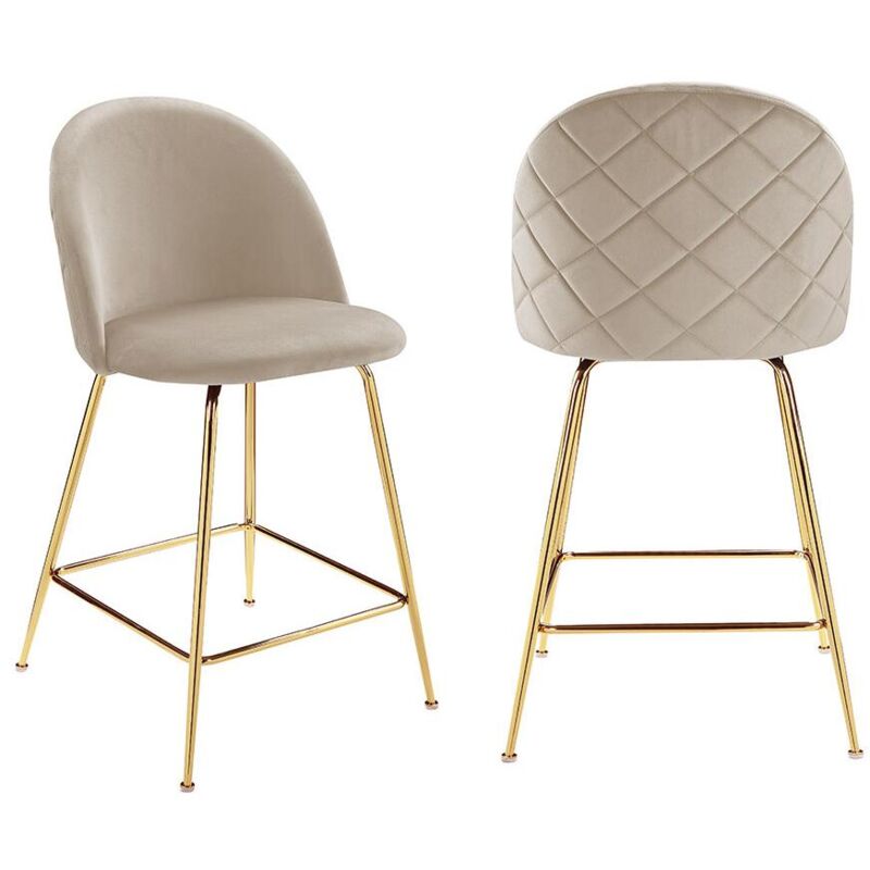 Vente-unique - Lot de 2 tabourets de bar en velours et acier inoxydable doré - Beige - melbourne