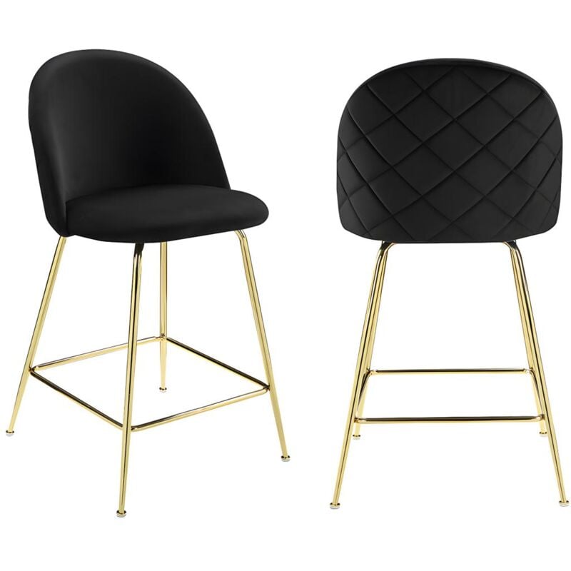 Vente-unique - Lot de 2 tabourets de bar en velours et acier inoxydable doré - Noir - melbourne