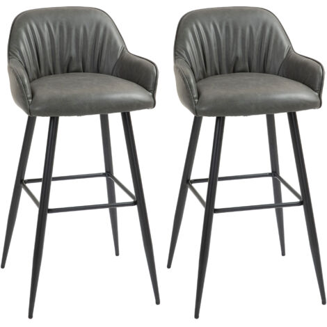 Lot de 2 tabourets de bar modernes avec repose-pieds et dossier, simili cuir PU et acier, gris