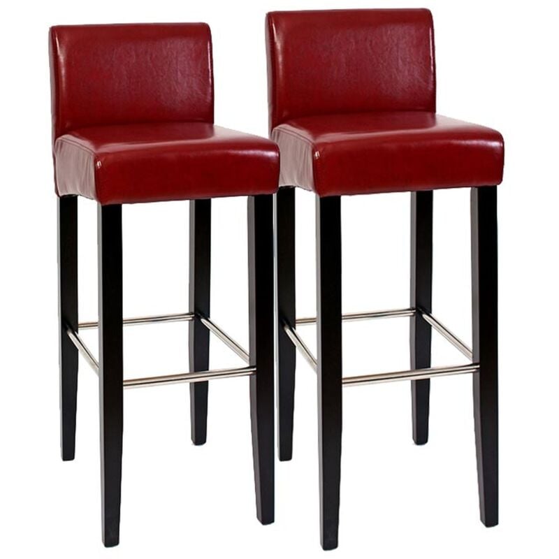 HHG - Lot de 2 tabourets de bar N25, bois/cuir, 37x44x102cm, rouge