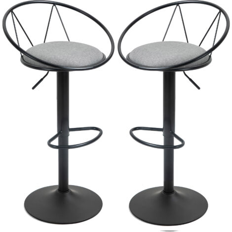 Lot de 2 Tabourets de Bar Néo-Rétro, Réglables, Pivotants, Repose-Pied, Métal Noir, Lin Gris