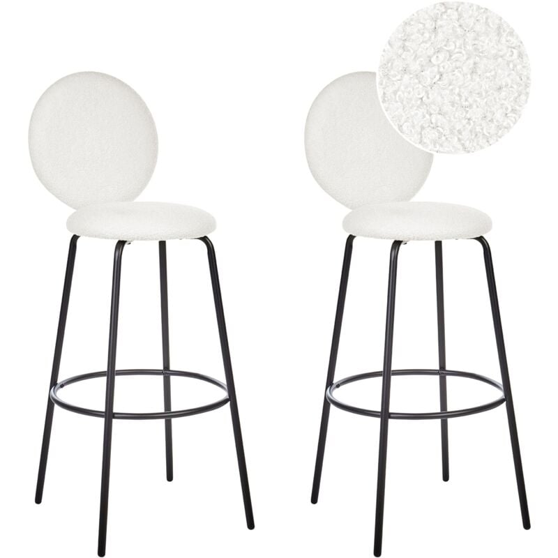 Beliani - Lot de 2 Tabourets de Bar Pieds en Acier avec Dossier Rond en Tissu Bouclé Blanc Emery