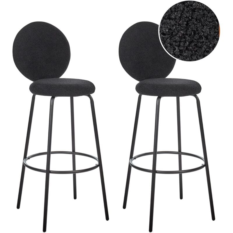 Beliani - Lot de 2 Tabourets de Bar Pieds en Acier avec Dossier Rond en Tissu Bouclé Noir Emery