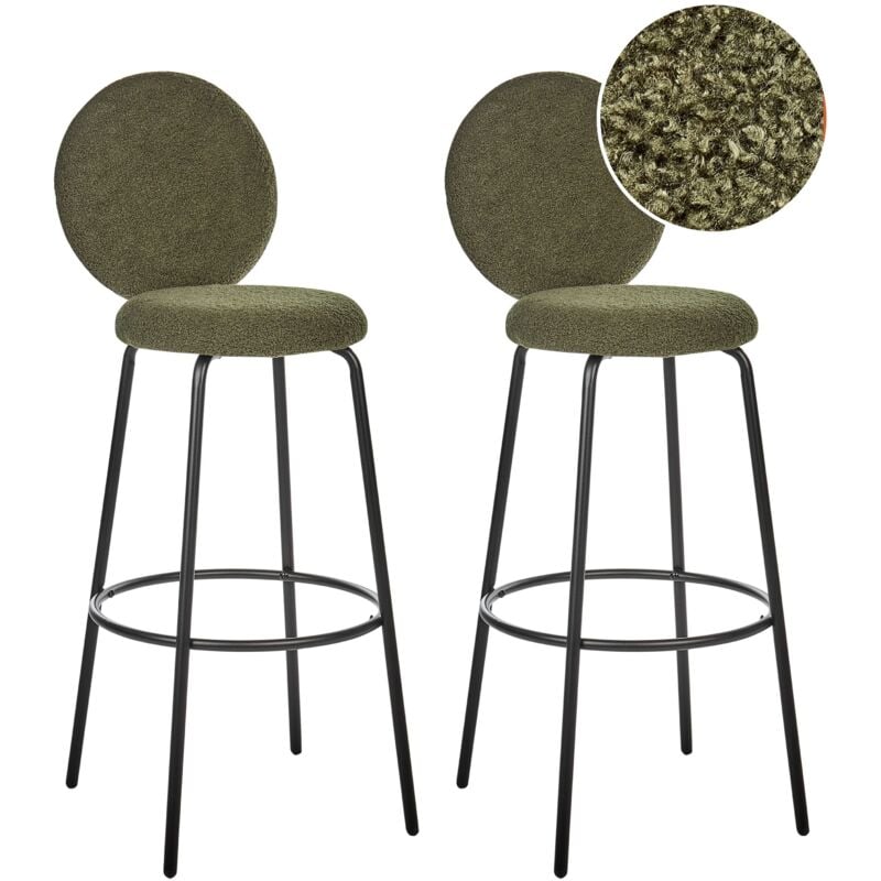 Beliani - Lot de 2 Tabourets de Bar Pieds en Acier avec Dossier Rond en Tissu Bouclé Vert Emery