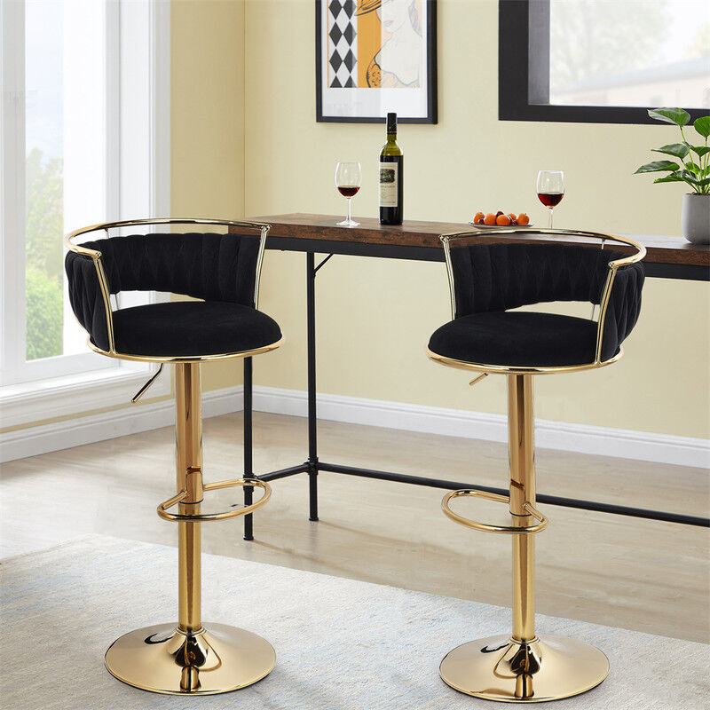 Fortuna Lai - Lot de 2 tabourets de bar, pivotant, vintage avec dossier et repose-pieds, en velours W51xD47xH77-94.7cm Noir