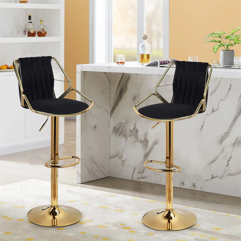 Fortuna Lai - Lot de 2 tabourets de bar, pivotant, vintage avec dossier et repose-pieds, en velours W52xD46xH85-103cm Noir