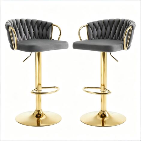 Lot de 2 tabourets de bar pivotants à 360°, avec repose-pieds, hauteur réglable, tissage tressé, gris foncé