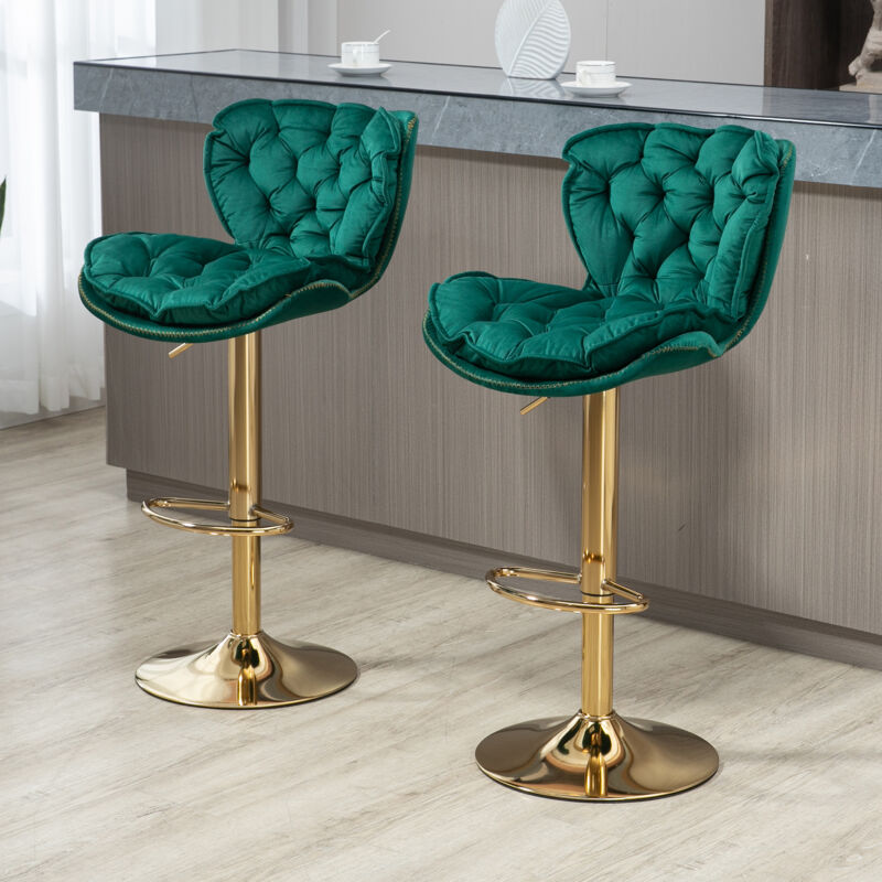 Hauss Spole - Lot de 2 tabourets de bar, pivotants à 360°, chaise réglable en hauteur, capacité 250 lb, velours, vert