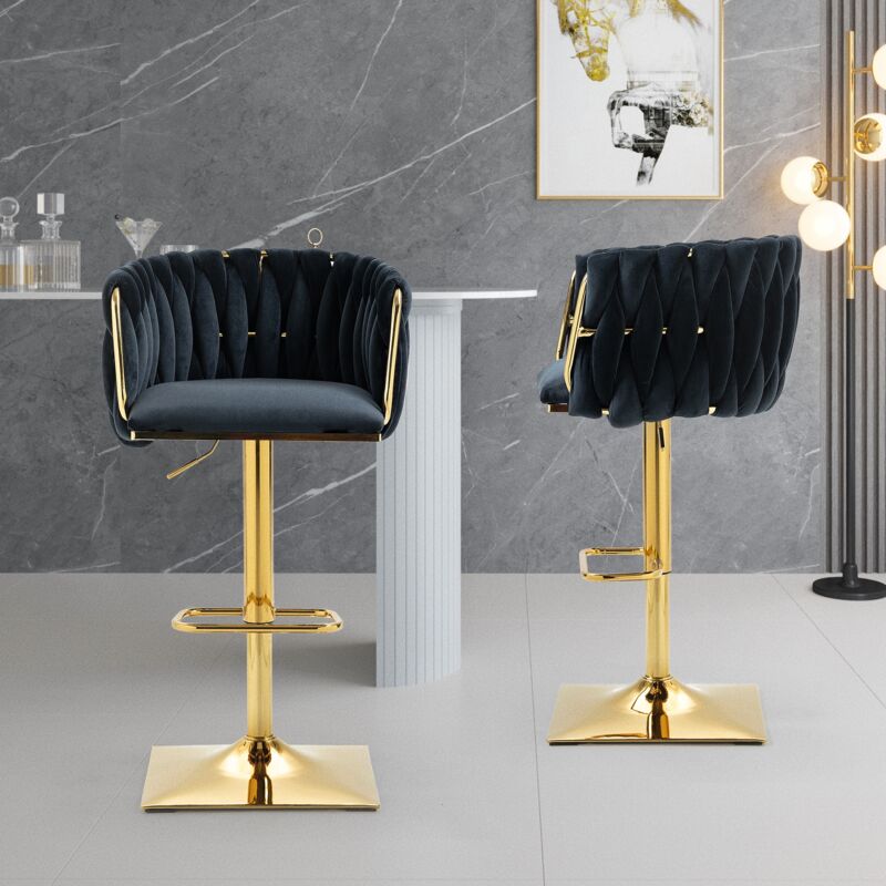 Tanant - Lot de 2 Tabourets de bar pivotants à 360° en velours - Tabourets de bar scandinave, avec dossier tressé et repose-pieds, Hauteur réglable