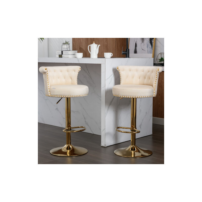 Wishdor - Lot de 2 tabourets de bar pivotants à 360 ° et réglables, avec repose-pieds, hauteur réglable, décoration rivet doré, dossier en velours,