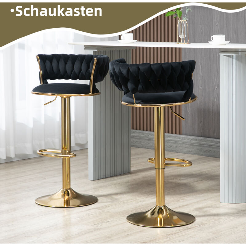 Lot de 2 tabourets de bar pivotants à 360°, hauteur réglable, chaise de salle à manger, velours, noir