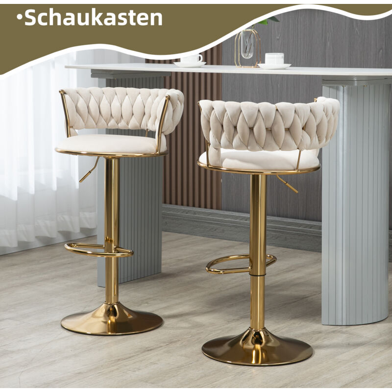 Lot de 2 tabourets de bar pivotants à 360°, hauteur réglable, chaise de salle à manger, velours, beige