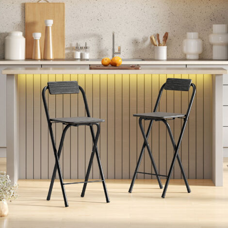 Lot de 2 tabourets de bar pliables avec dossier et repose-pieds. cadre en acier. 87 cm de haut. noir