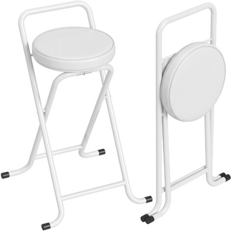 Lot de 2 tabourets de bar pliants blancs, hauteur 63 cm, sans assemblage, assise rembourrée, cadre en acier robuste, chaises de bar compactes et faciles à ranger.