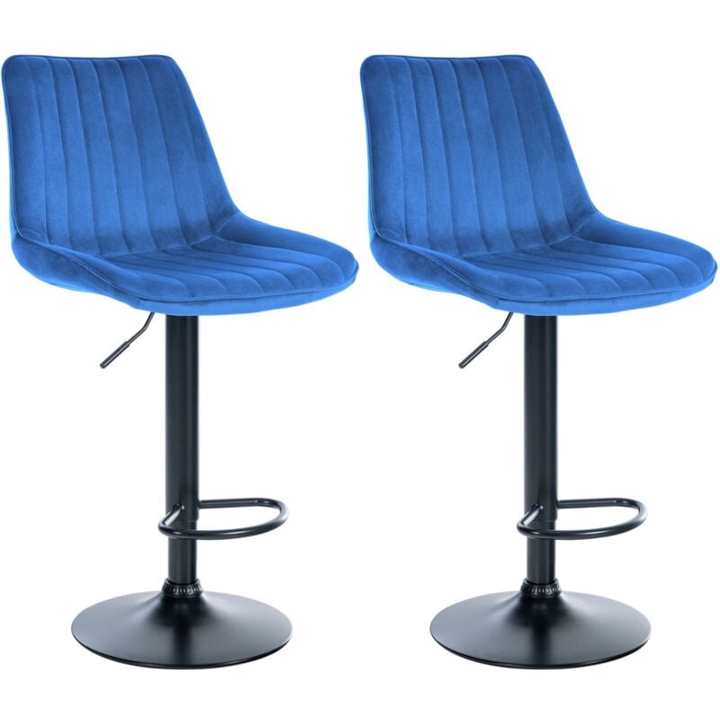 Décoshop26 - Lot de 2 tabourets de bar réglable en hauteur pivotant à 360° assise en velours bleu couture verticale pied métal noir 100004428