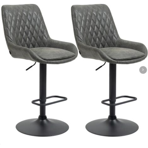 Lot de 2 tabourets de bar réglables avec dossier - Similicuir gris foncé - Pour cuisine, îlot ou comptoir