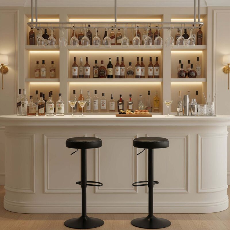 Lot de 2 tabourets de bar réglables en hauteur, pivotants à 360°, rembourrés et sans dossier, en polyuréthane noir, pour cuisine et bar