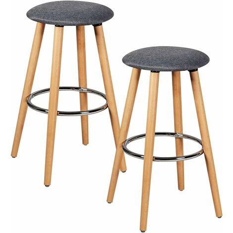 Lot de 2 tabourets de bar rembourré, rond, avec pied en bois massif, repose-pieds en métal