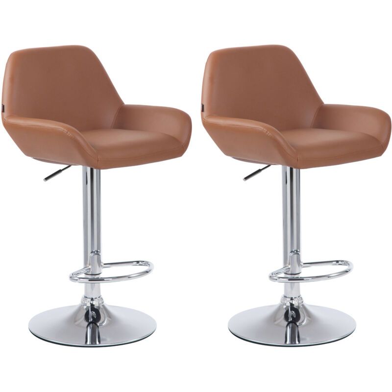 Lot de 2 tabourets de bar repose-pieds en forme d'arc en métal chromé assise en pvc marron clair 100004026