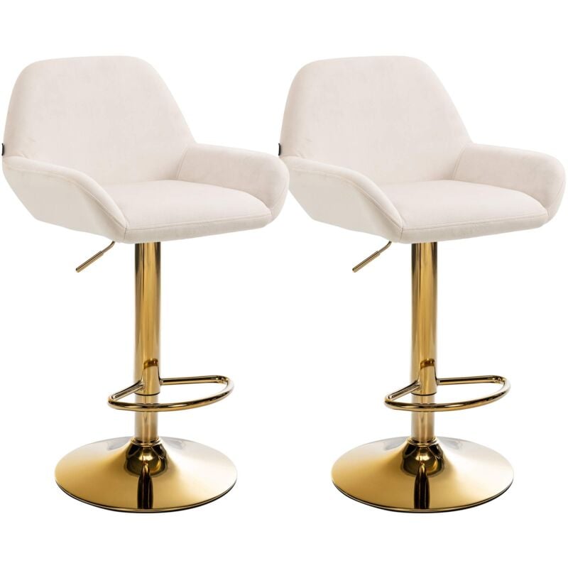 Décoshop26 - Lot de 2 tabourets de bar repose-pieds intégré revêtement velours crème structure en métal doré TDB10737
