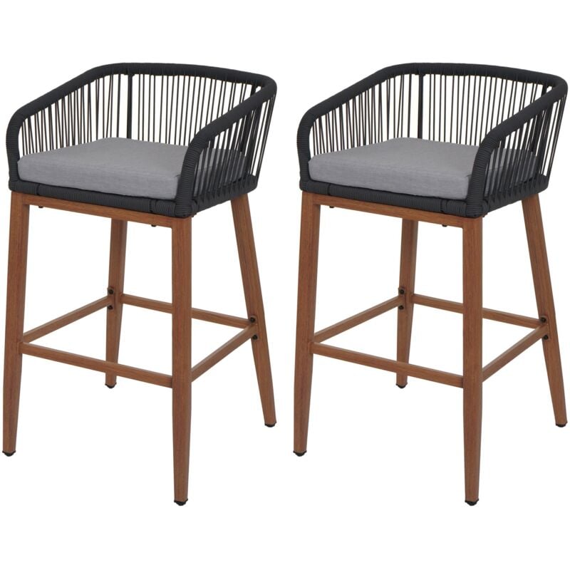 HHG - Lot de 2 tabourets de bar Rope 110, coussins d'extérieur en corde tressée métal aspect bois, anthracite, coussin gris clair