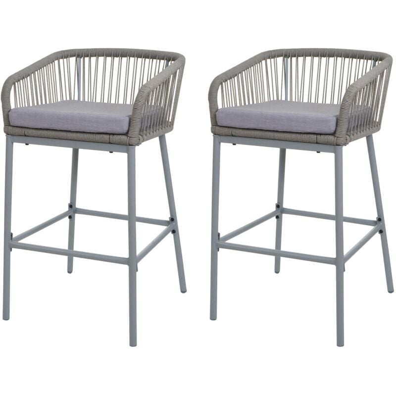 Lot de 2 tabourets de bar Rope HHG-994, tabouret de bar, Outdoor assise rembourrée corde tressée métal, gris clair, coussin gris clair
