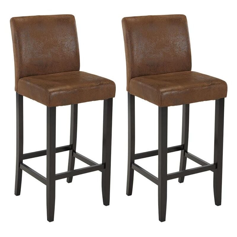 Vente-unique - Lot de 2 tabourets de bar santos - Microfibre aspect cuir vieilli - Pieds bois foncé