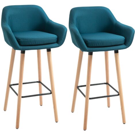 Lot de 2 tabourets de bar scandinaves, bois massif, lin bleu, accoudoirs et repose-pieds
