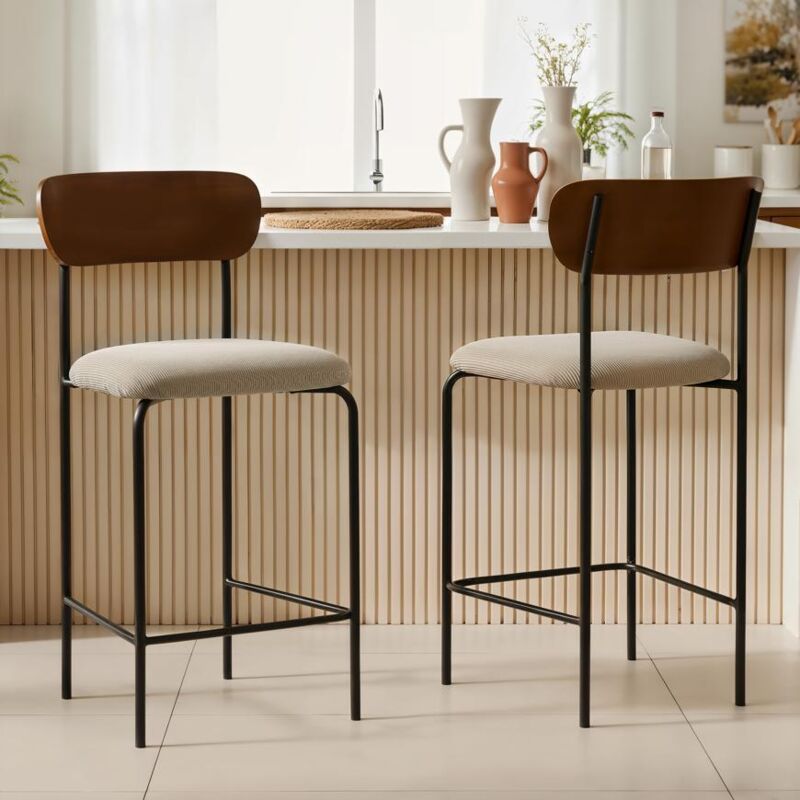 Lot de 2 tabourets de bar H66cm placage frêne, velours côtelé beige et pieds métal noir