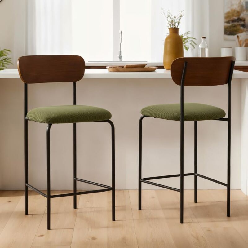 Lot de 2 tabourets de bar H66cm placage frêne, velours côtelé kaki et pieds métal noir