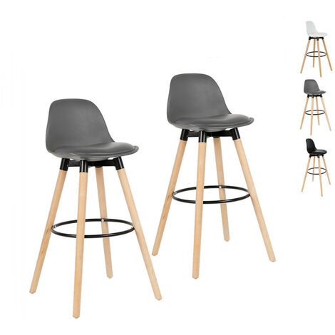 Lot de 2 tabourets de bar - Simili GRIS - Pieds en bois hêtre massif - Style scandinave - L 39,5 x P 44 cm