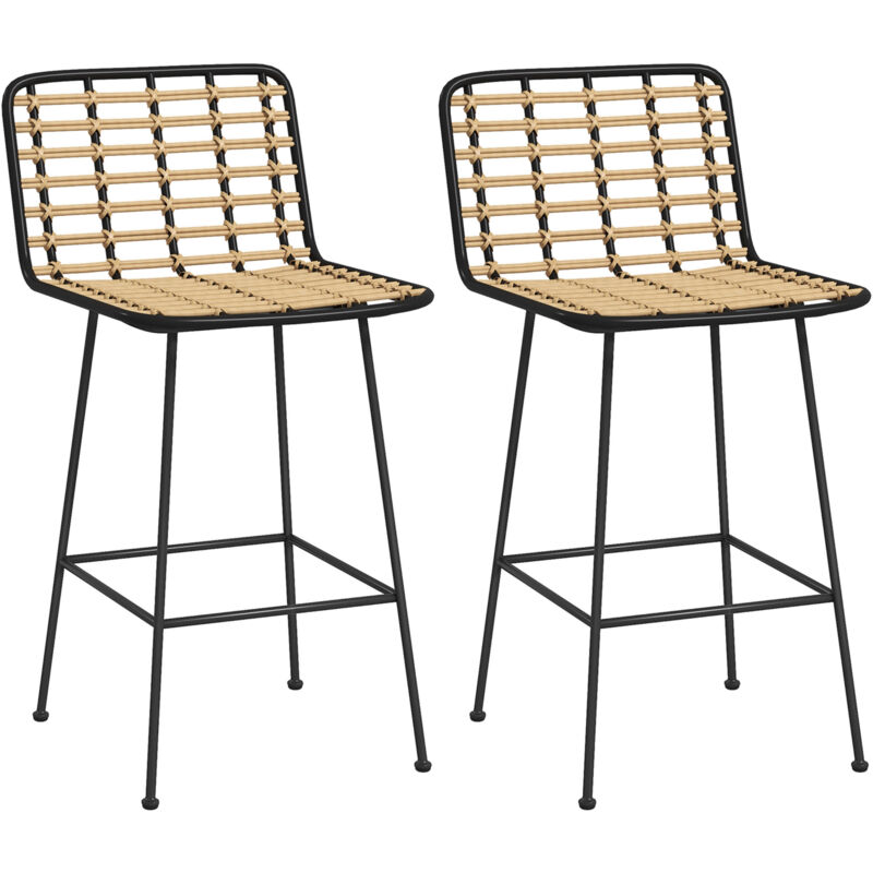 Homcom - Lot de 2 tabourets de bar style bohème chic repose-pieds acier noir résine aspect rotin