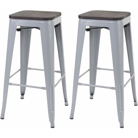 Lot de 2 tabourets de bar style industriel factory en métal gris assise en bois TDB04045