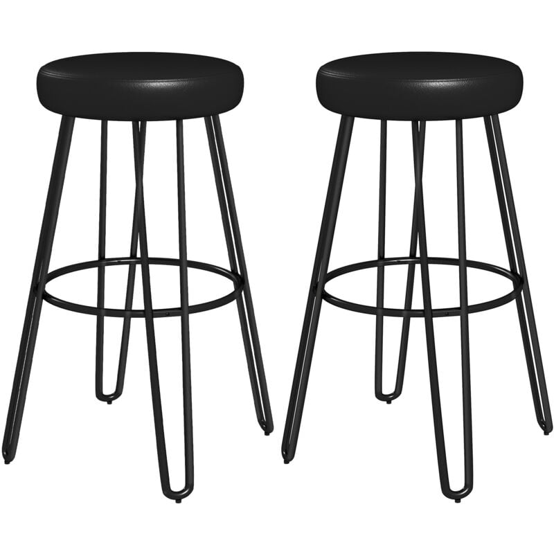 Lot de 2 tabourets de bar style industriel - repose-pieds - piètement épingle acier assise ronde noir