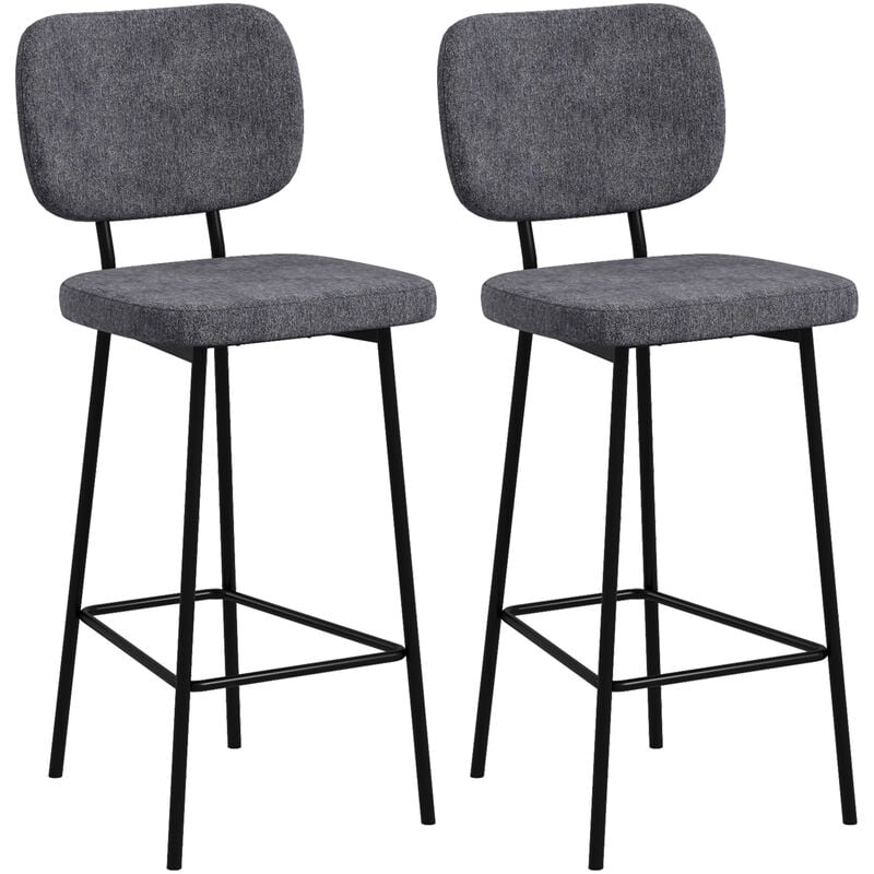 Lot de 2 tabourets de bar style néo-rétro piètement acier noir repose-pied intégré tissu gris
