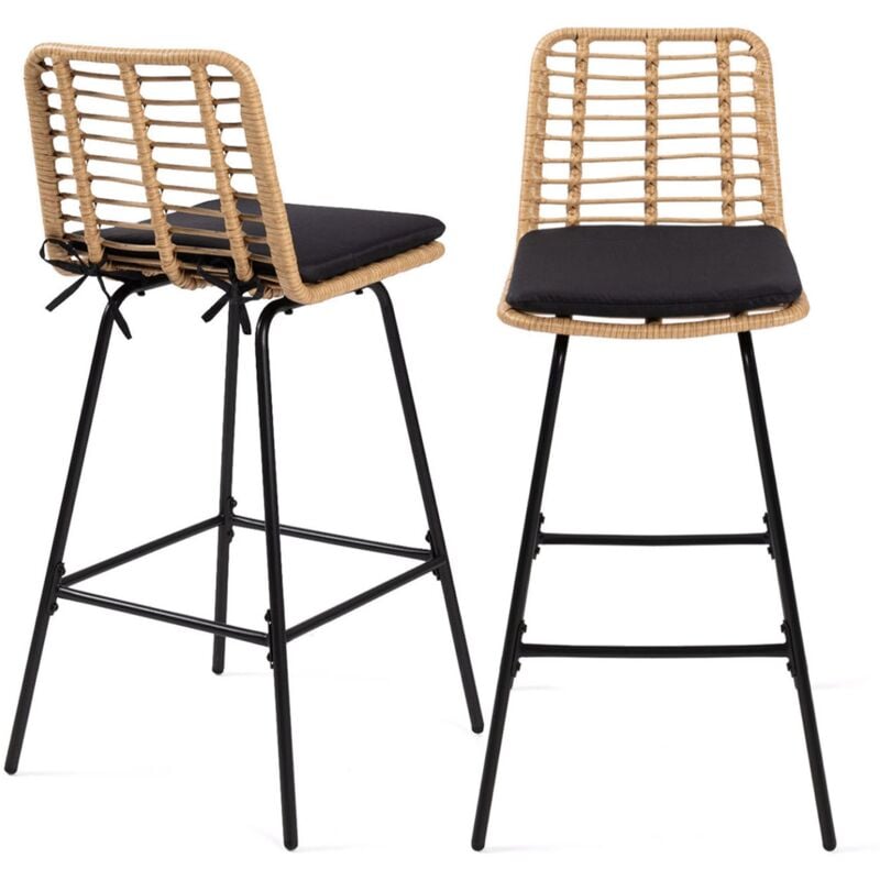 Idmarket - Lot de 2 tabourets de bar summer effet rotin pied métal noir
