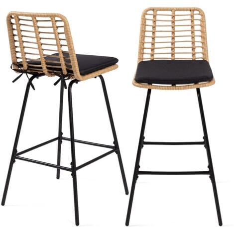 Lot de 2 tabourets de bar SUMMER effet rotin pied métal noir