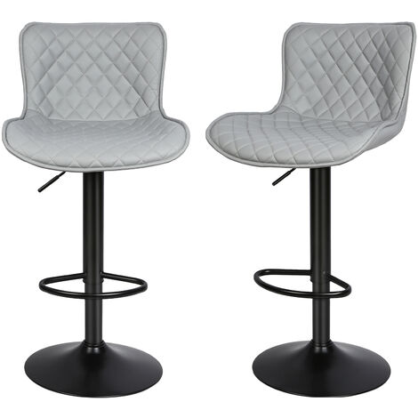 Lot de 2 tabourets de bar, tabourets de bar en maille sergé PU, pivotants avec dossier et repose-pieds, grands tabourets de bar à carreaux, pour îlot de cuisine, hauteur réglable, gris clair