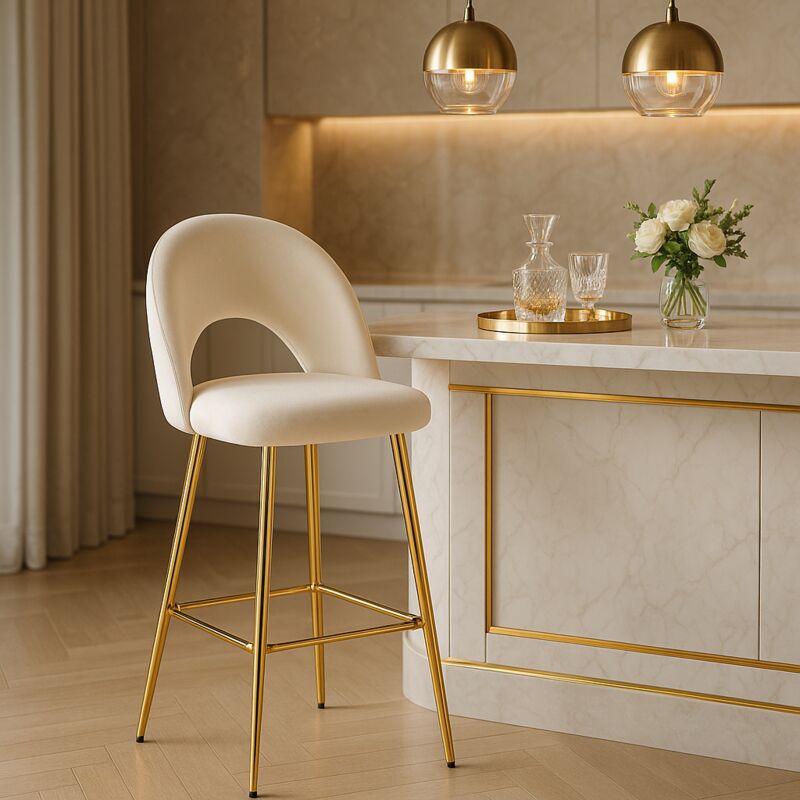 Homy France - Lot de 2 tabourets de bar teddy pied gold velours