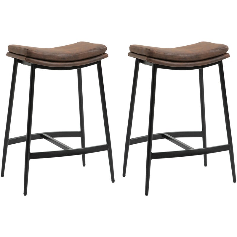 Lot de 2 tabourets de bar Vintage avec repose-pied piètement acier noir assise incurvée tissu marron effet vieilli