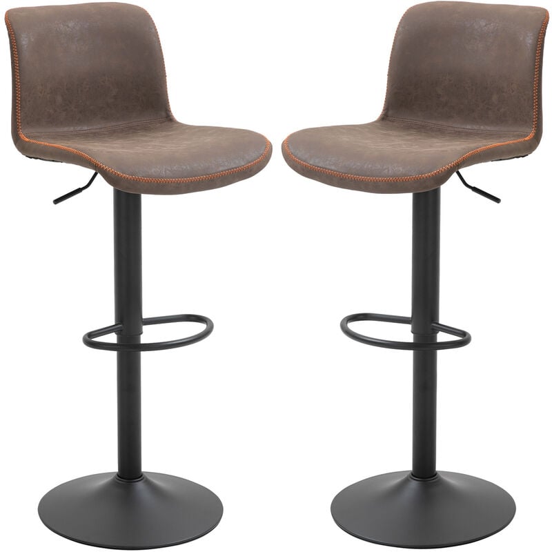 Homcom - Lot de 2 tabourets de bar Vintage réglable pivotant avec repose-pied pu marron surpiqûre orange
