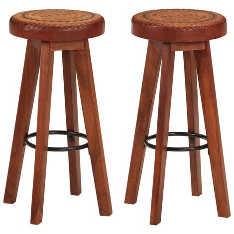 Lot de 2 Tabourets de bar,Chaises hautes de bar Cuir véritable et bois d'acacia solide -16992