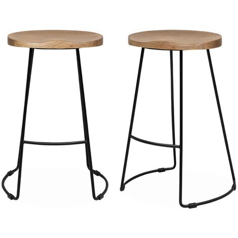 Lot de 2 tabourets de bars bois de manguier naturel et acier. avec repose pieds. 65cm