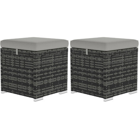 Lot de 2 tabourets de jardin avec espace de stockage en rotin synthétique, repose-pieds avec coussin, 40 x 40 x 41 cm, gris clair