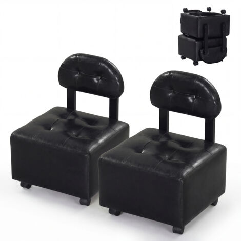 Lot de 2 Tabourets Empilable roulettes avec Dossier, Tabourets Bas Rembourrés en Similicuir, Roues Verrouillables, Charge 150 kg, Noir