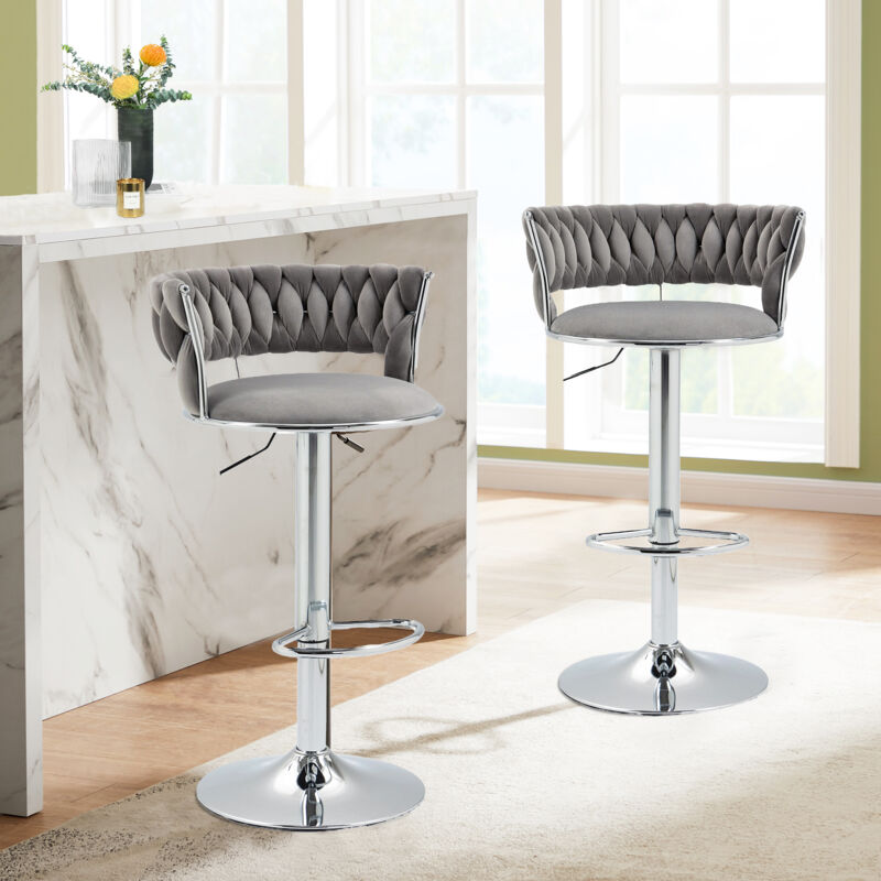 Lot de 2 tabourets de bar pivotants à 360 ° et réglables, dossier en velours fait à la main, gris